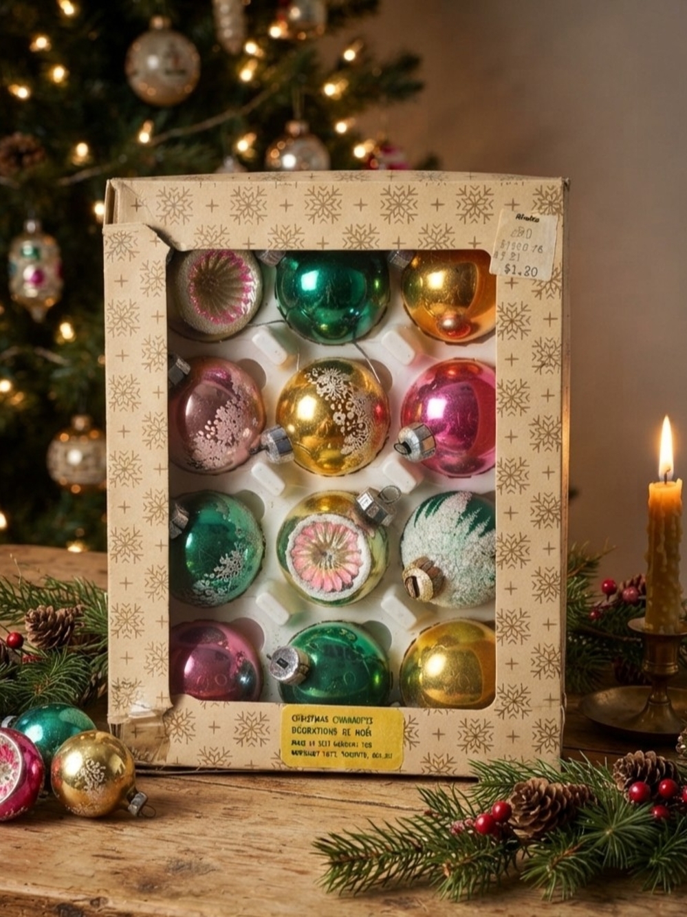 Vintage 12-Piece Glass Christmas Ornaments Boxed Mid-Century Reflector